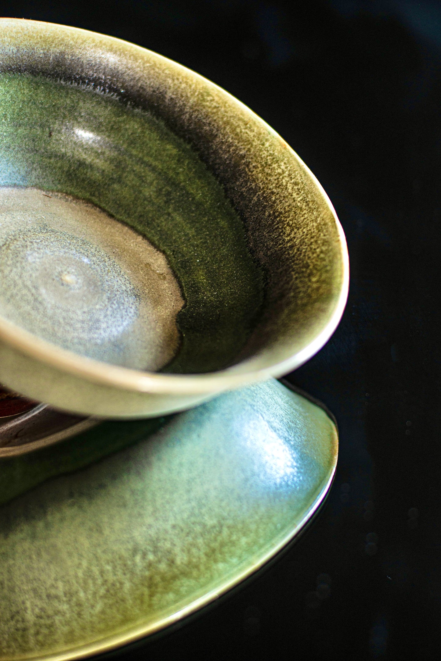 Moss green bowl with crystals